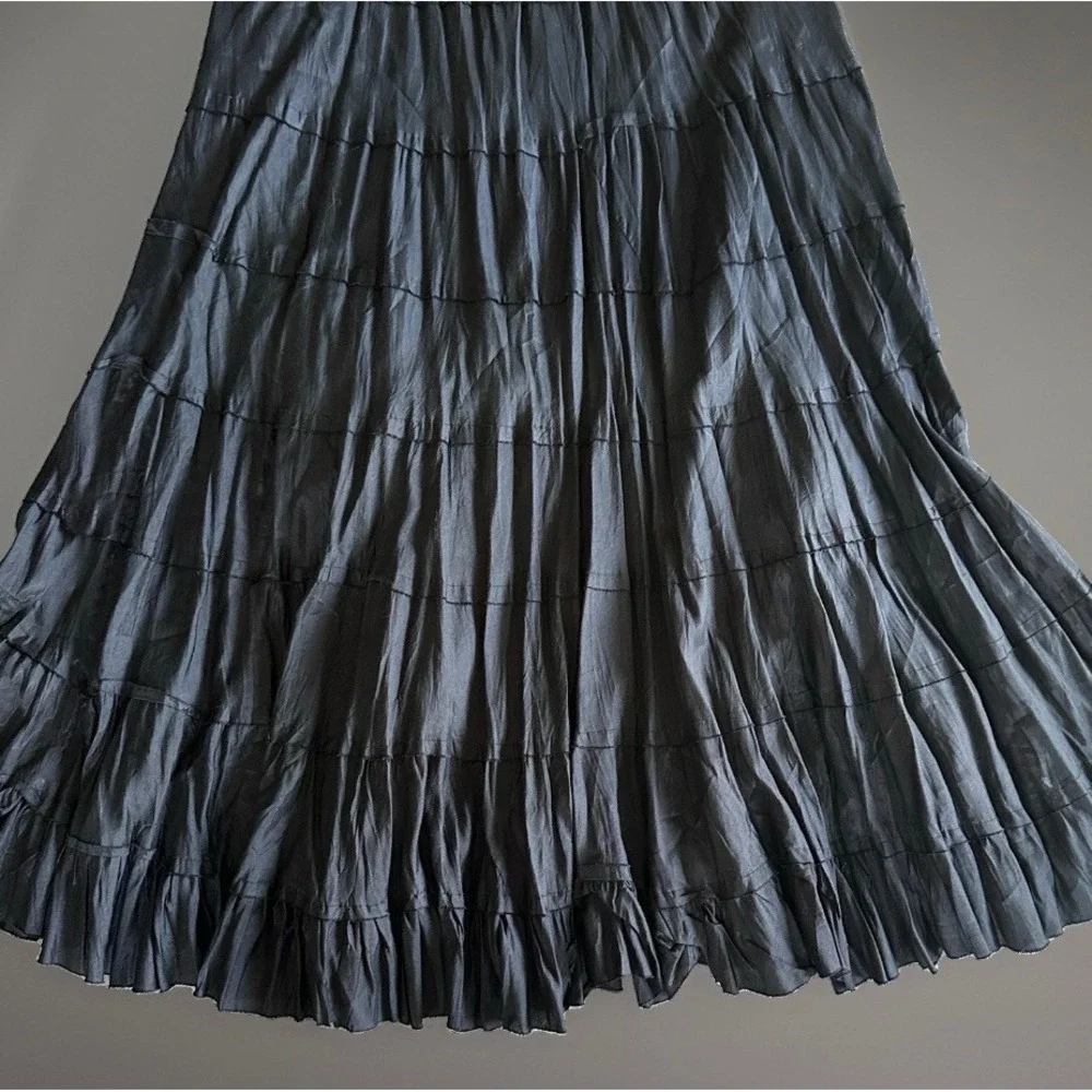 etc. Vintage 90s L Tiered Maxi Broomstick Skirt Crinkle Witchy Boho Viscose Y2K